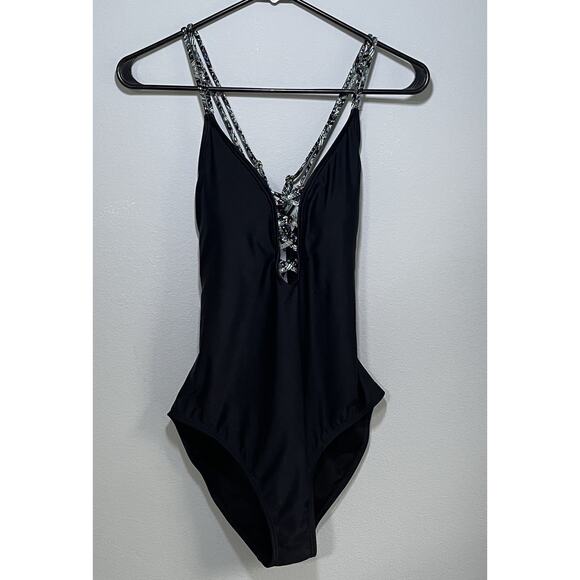 Ambrielle Size Large Black Plunge One Piece Swimsuit Tie Straps - Picture 1 of 6